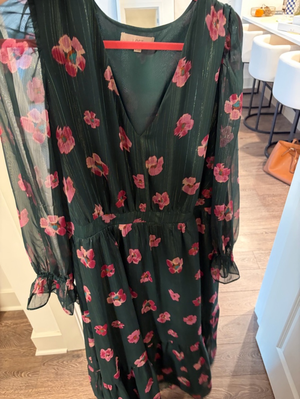 LOFT Floral V-Neck Long Sleeve Maxi Dress in Green with Pink Flowers - Picture 6 of 6
